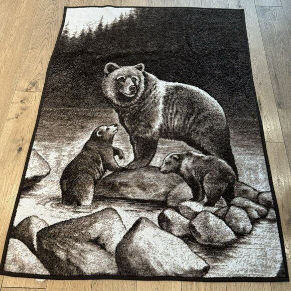 Vintage Biederlack Blanket Bear Graphic 53”x73” Acrylic Made In USA